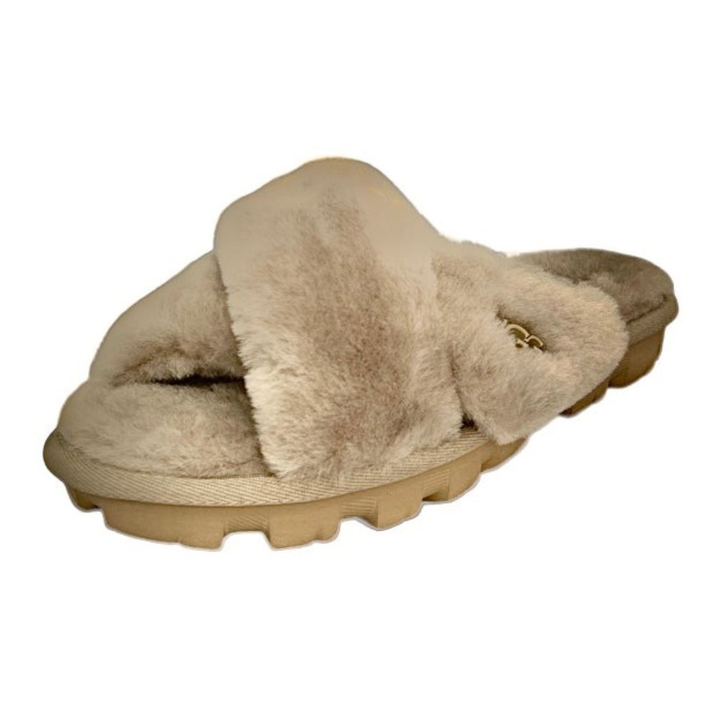 UGG FUZZETTE Fuzzy Slippers Goal Sheepskin Gray Women's Shoes - Picture 2 of 9